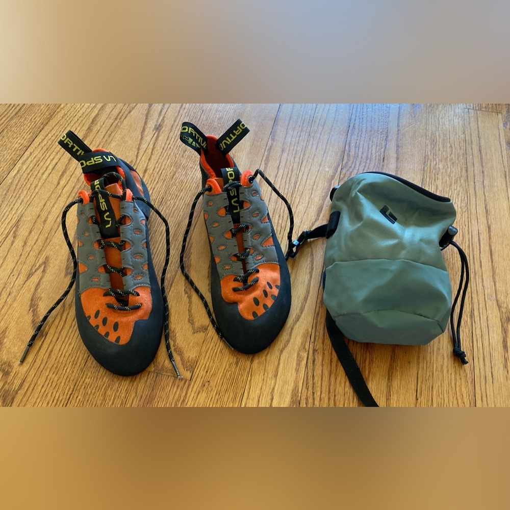 La Sportiva climbing shoes and chalk bag